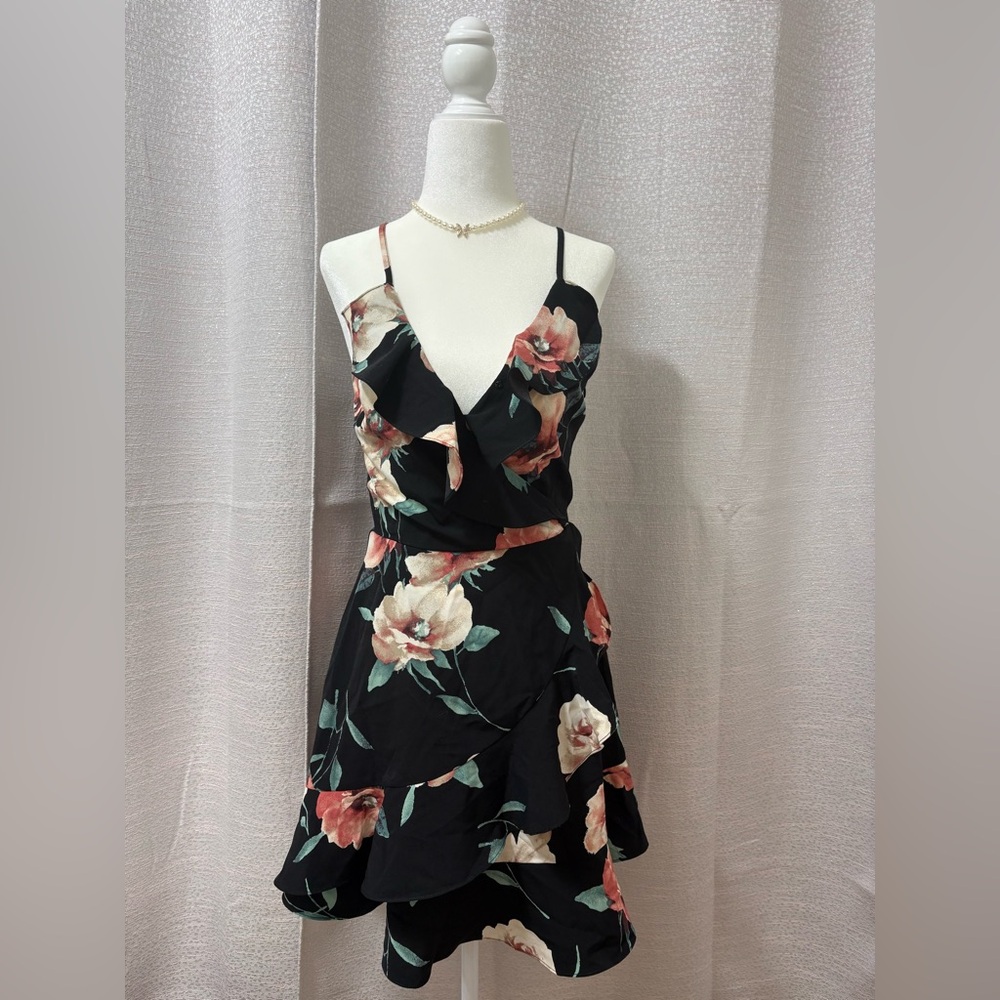 Mine Black Floral Mini Dress Women’s Small Babydoll Dark Romantic Fairy Ruffles